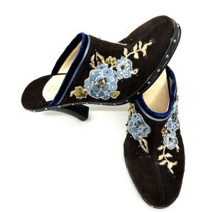 Cole Haan Women's Suede Embroidered Clogs Size 8B Brown Floral Boho Festival